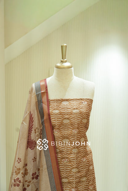 Semi Silk Embroidery Unstitched Salwar Suit Material Warm Caramel Brown BJ2174