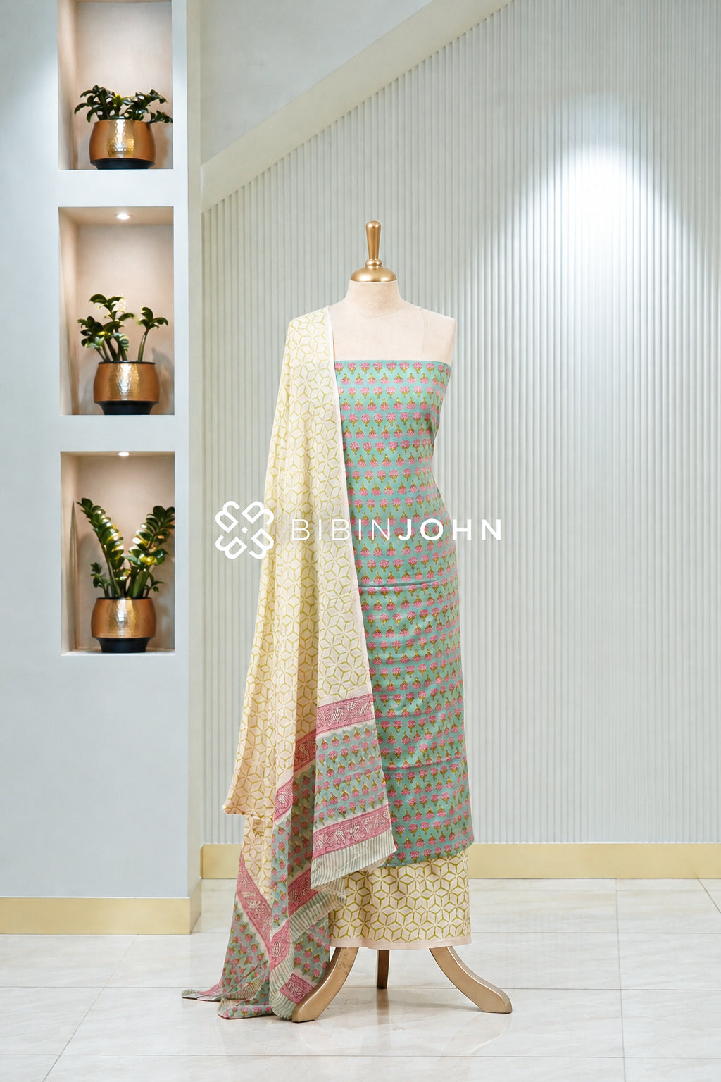 Printed Cotton Unstitched Salwar Suit Material Sea Green With Pink BJ1954