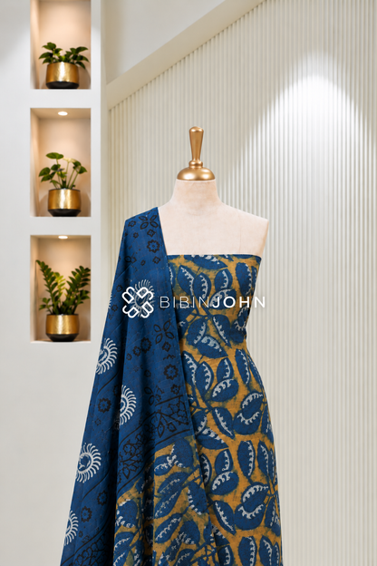 Cotton Ajrakh Unstitched Salwar Suit Material Mustard Yellow With Indigo Blue BJ1829