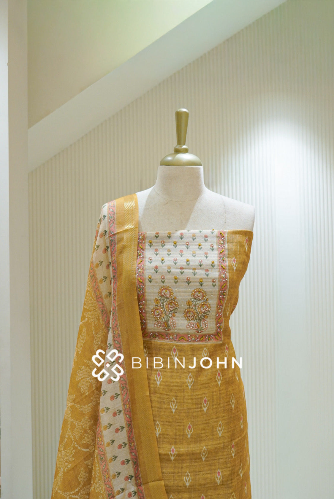 Semi Silk Embroidery Unstitched Salwar Suit Material Mustard Yellow BJ2472