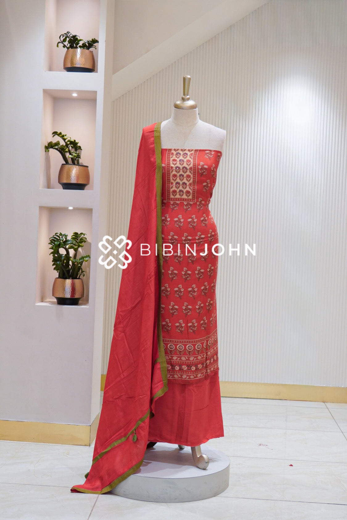 Muslin Embroidery Unstitched Salwar Suit Material Coral Red BJ1909