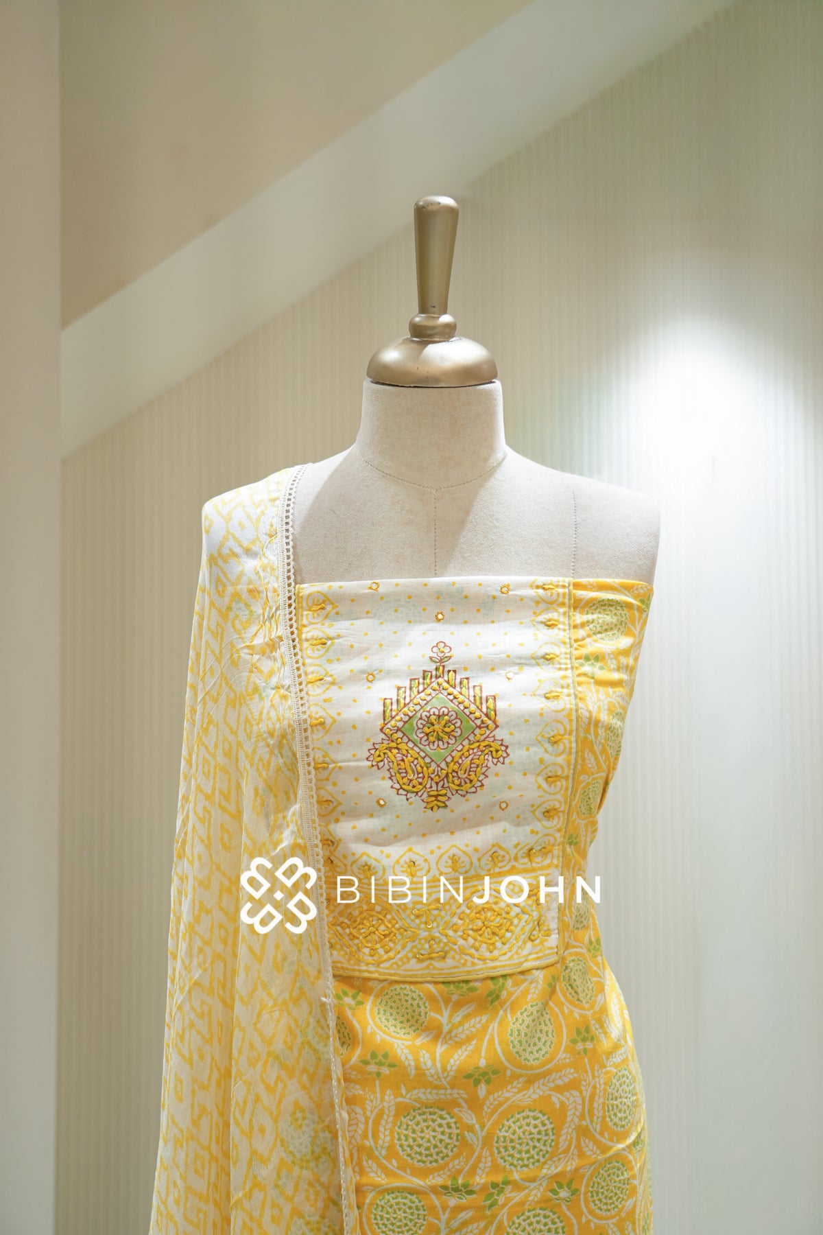 Cotton Embroidery Unstitched Salwar Suit Material Yellow BJ2241