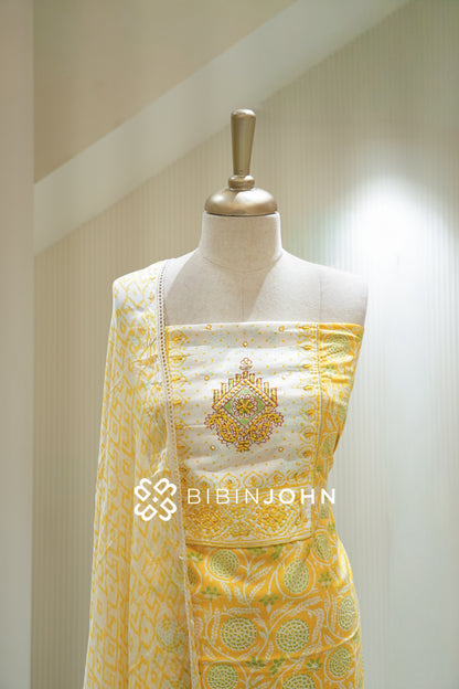 Cotton Embroidery Unstitched Salwar Suit Material Yellow BJ2241