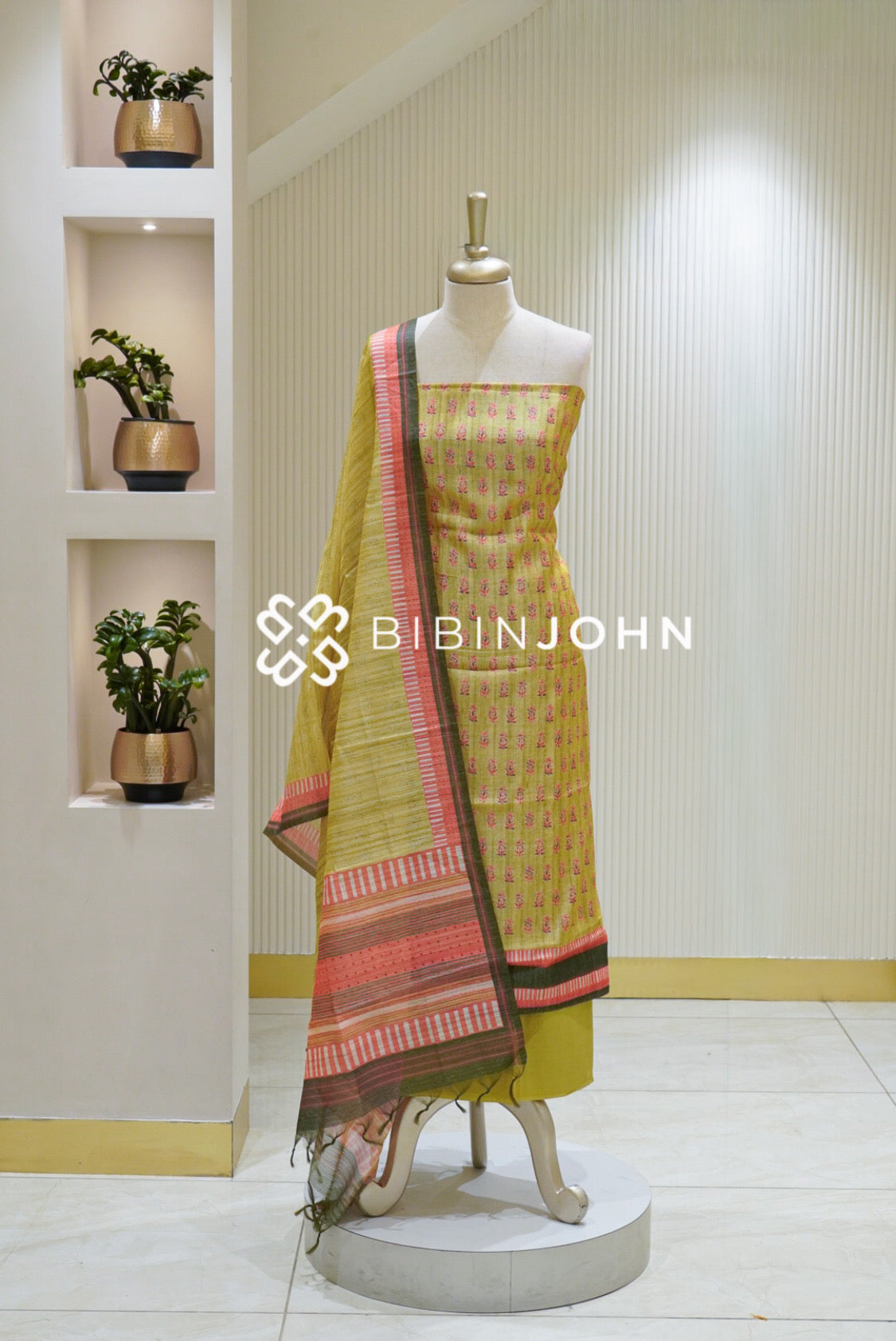 Printed Chanderi Unstitched Salwar Suit Material Lime Green BJ2739