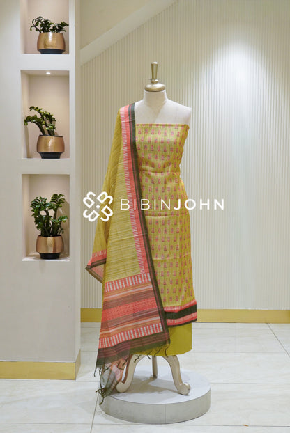 Printed Chanderi Unstitched Salwar Suit Material Lime Green BJ2739