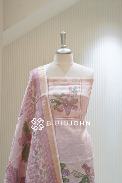 Tissue Linen Embroidery Unstitched Salwar Suit Material Pastel Pink BJ2468