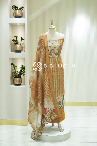 Semi Silk Embroidery Unstitched Salwar Suit Material Mustard Gold BJ2230