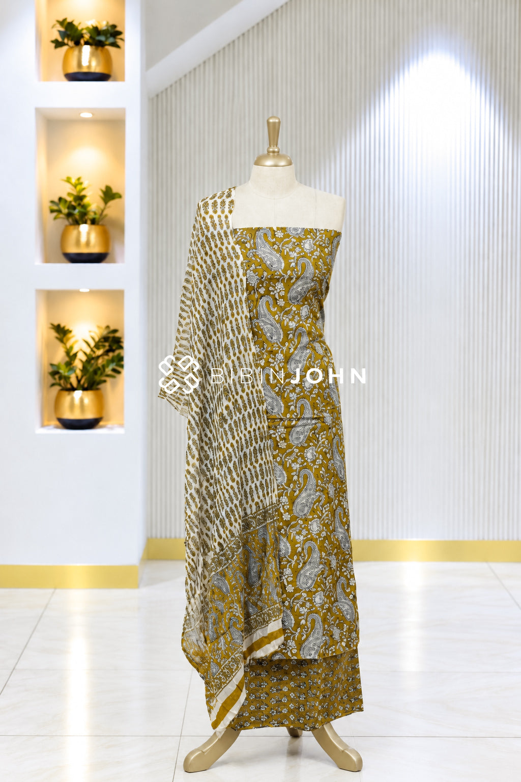 Printed Cotton Unstitched Salwar Suit Material Mustard Olive Yellow BJ1932