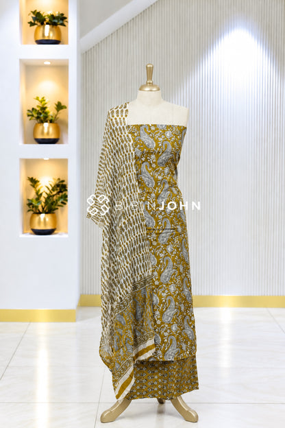 Printed Cotton Unstitched Salwar Suit Material Mustard Olive Yellow BJ1932
