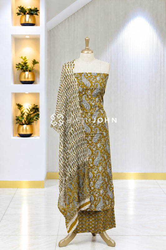 Printed Cotton Unstitched Salwar Suit Material Mustard Olive Yellow BJ1932