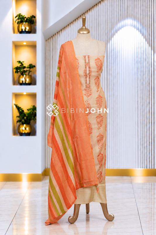 Printed Chanderi Unstitched Salwar Suit Material Ivory Cream BJ2088