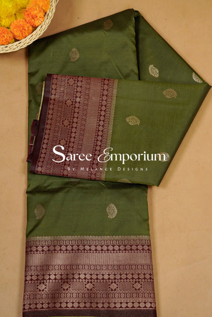 Semi Silk Saree For Women Olive green with burgundy border BJ0568