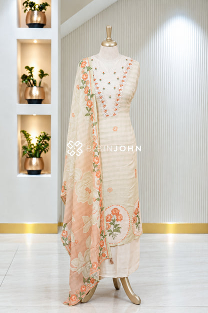 Semistitched Chanderi Embroidery Salwar Suit Material Ivory Cream BJ1946