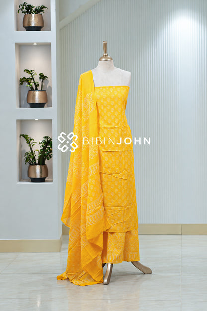 Printed Cotton Unstitched Salwar Suit Material Golden Yellow BJ2019