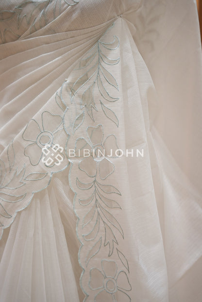Cotta Embroidery Saree Ivory & Powder Blue BJ1052