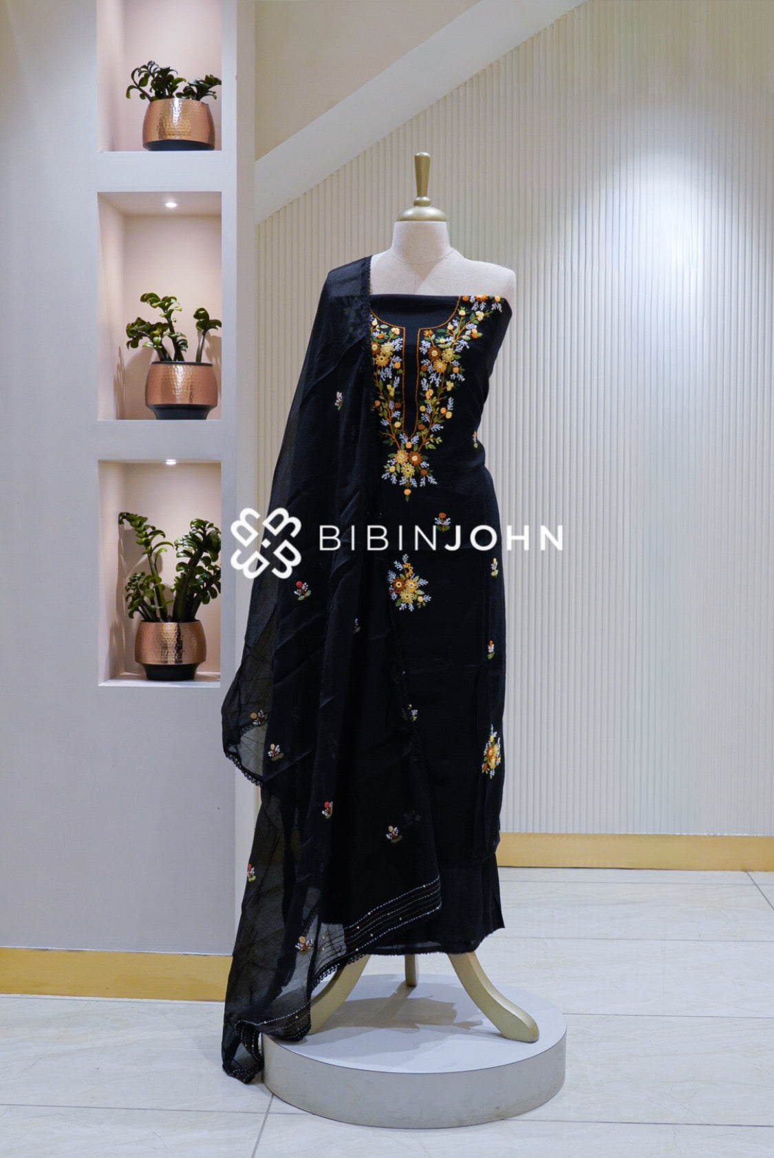 Chanderi Embroidery Unstitched Salwar Suit Material Black BJ2615