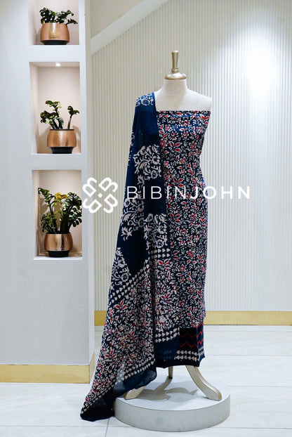 Printed Cotton Unstitched Salwar Suit Materials Navy Blue BJ1637
