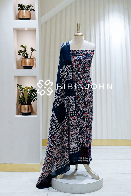 Printed Cotton Unstitched Salwar Suit Materials Navy Blue BJ1637