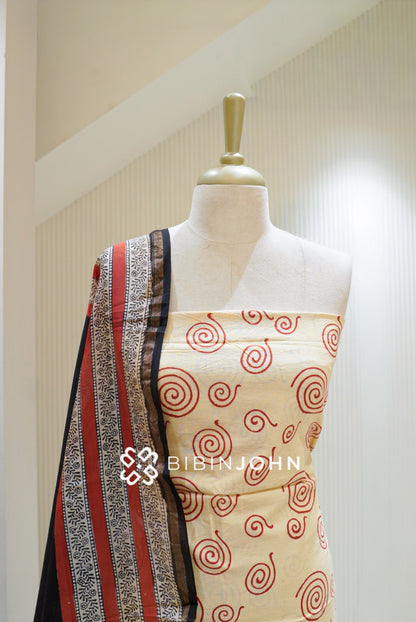 Printed Chanderi Unstitched Salwar Suit Material Ivory Cream BJ1952