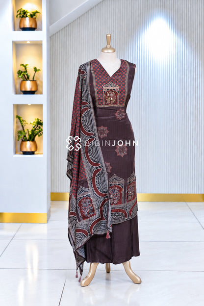 Semistitched Muslin Embroidery Salwar Suit Material  Dark Chocolate Brown BJ2064