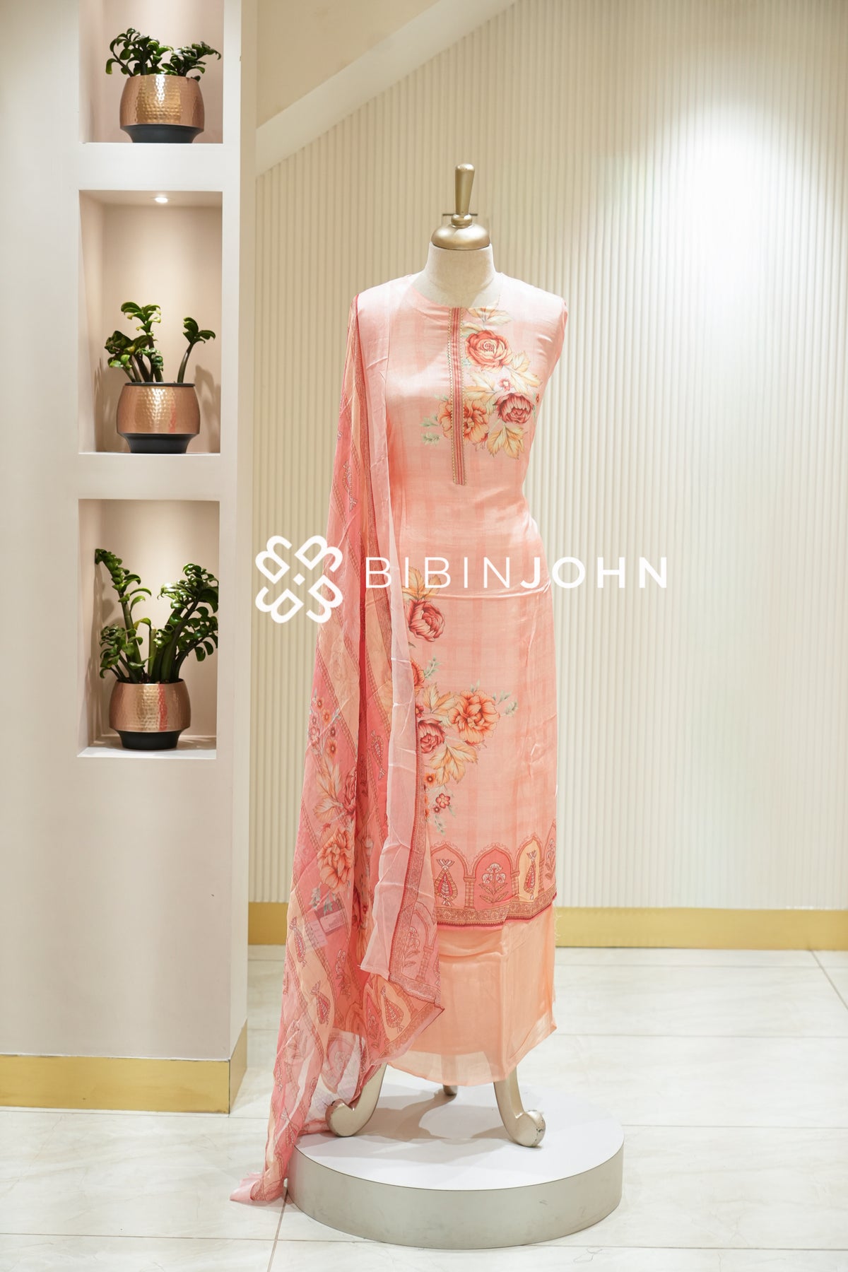 Semi stitched Muslin Embroidery Salwar Suit Material Peach Pink BJ2237