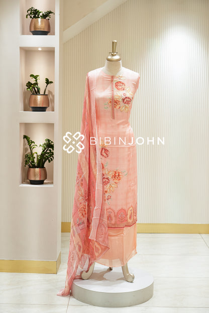 Semi stitched Muslin Embroidery Salwar Suit Material Peach Pink BJ2237
