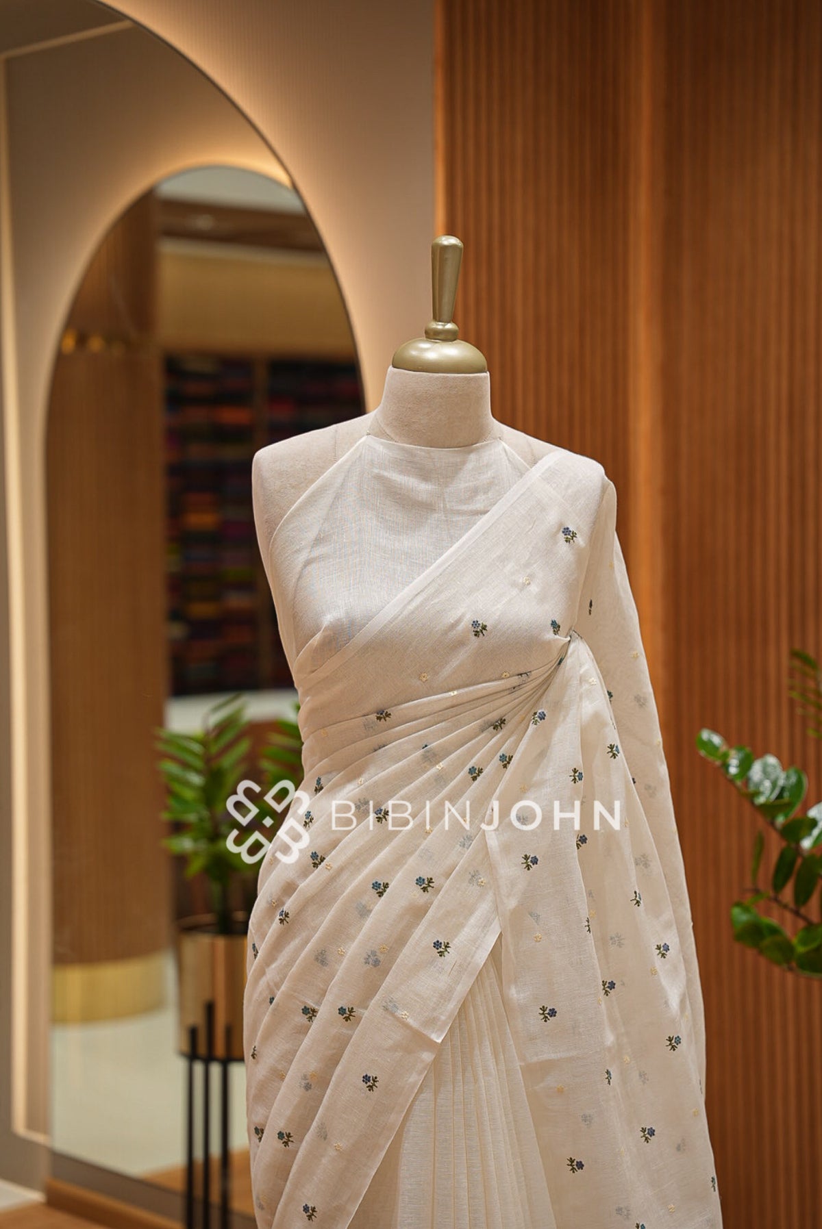 Linen Embroidery Saree Ivory-White BJ0942