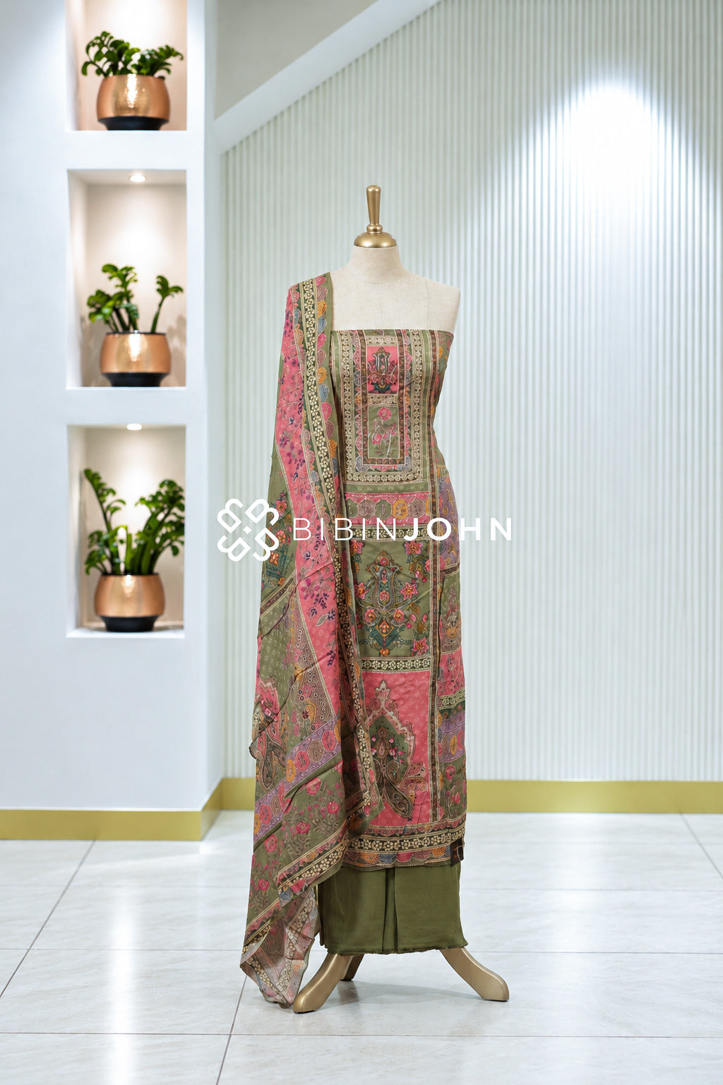 Printed Muslin Unstitched Salwar Suit Material Olive Green With Dusty Pink BJ1999