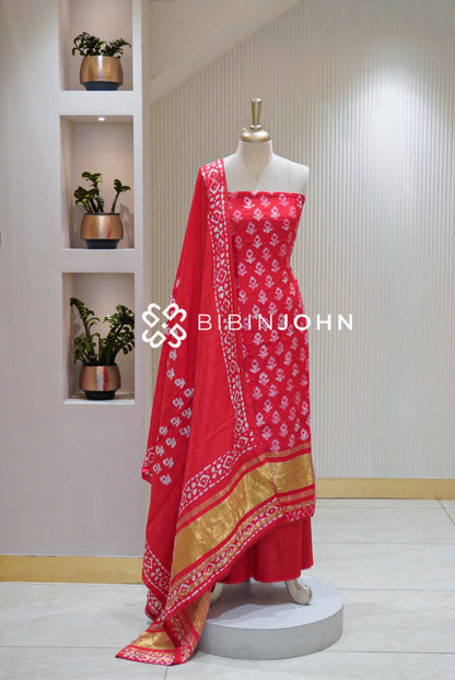 Semi Silk Batik Printed Salwar Suit Material Vermilion Red BJ2161