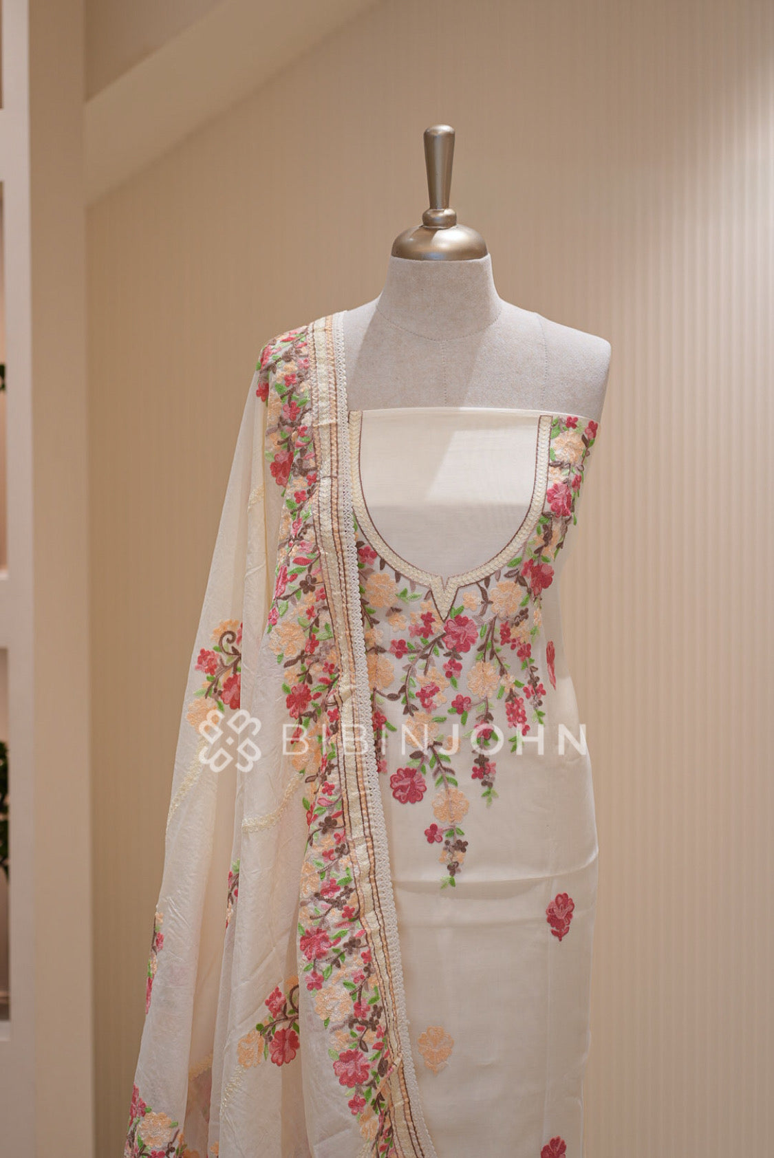 Semi Silk Embroidery Unstitched Salwar Suit Material Ivory  CLOSE VIEW