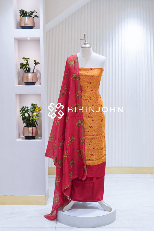 Printed Chanderi Unstitched Salwar Suit Material Mustard Yellow BJ1691