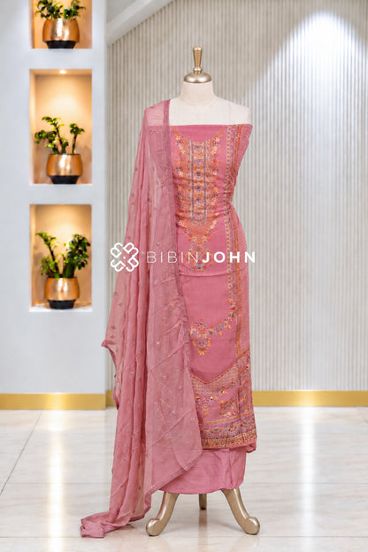Organza Embroidery Unstitched Salwar Suit Material Dusty Rose Pink BJ1941