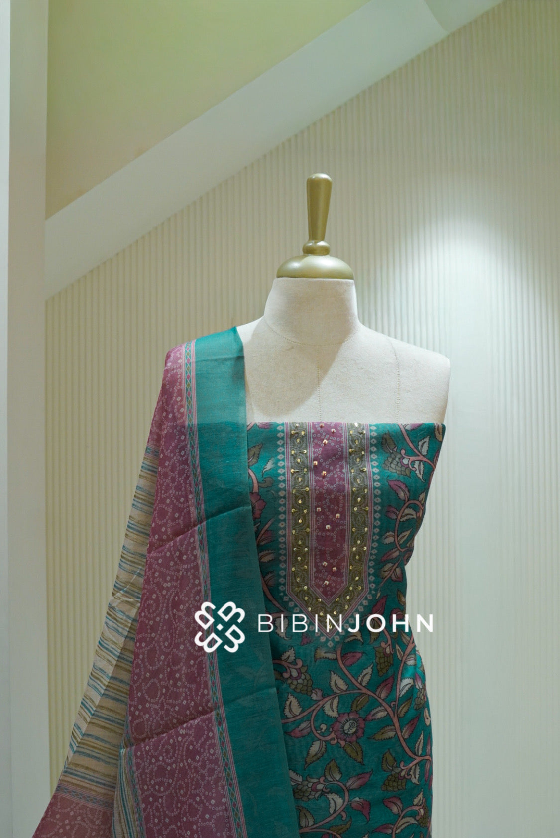 Printed Chanderi Embroidery Unstitched Salwar Suit Material Teal Green BJ2532