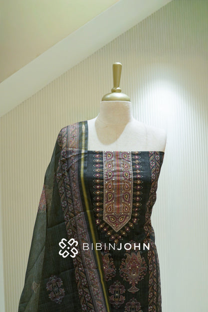 Semi Silk Embroidery Unstitched Salwar Suit Material Dark Olive Green BJ2850