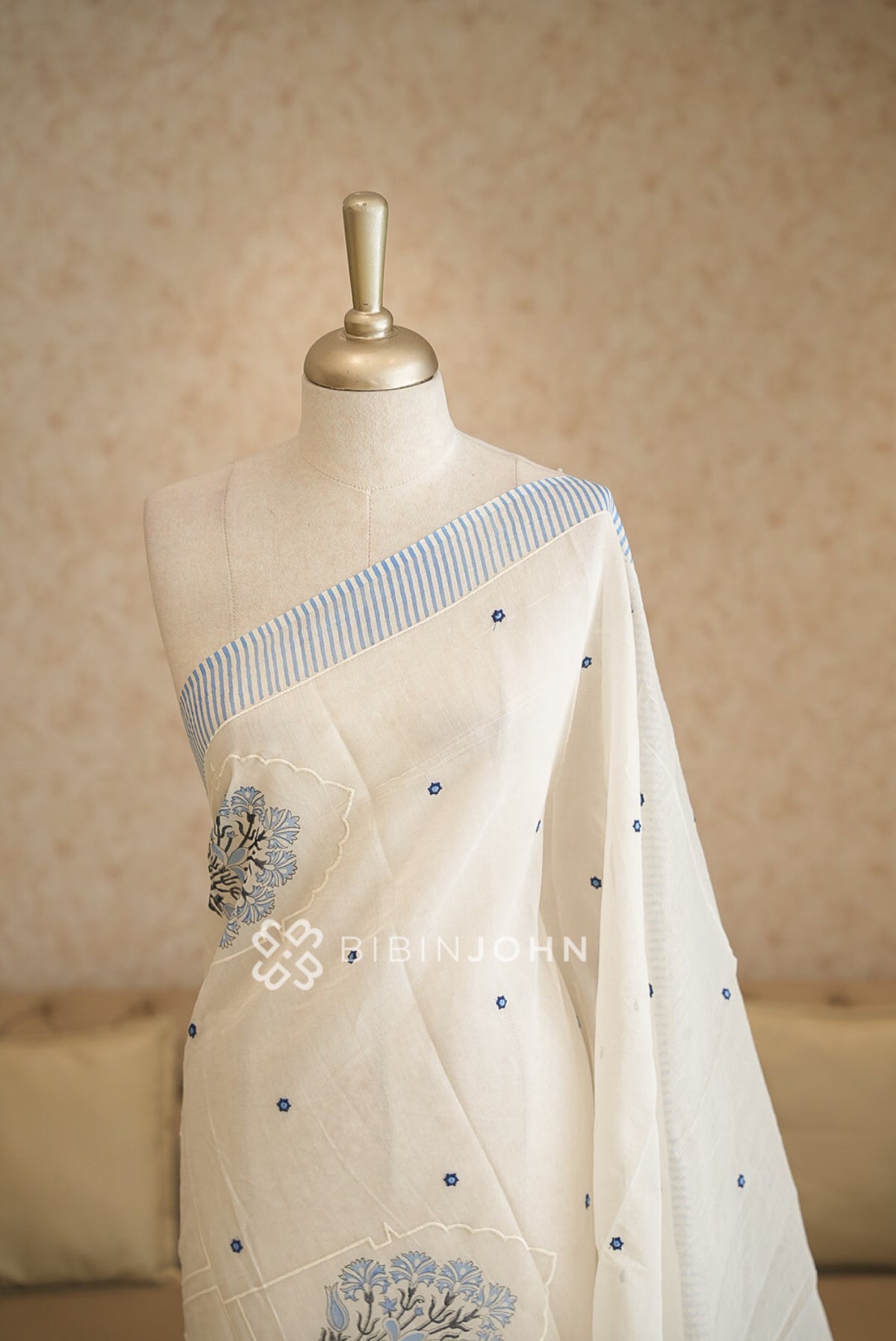 Chanderi Silk Dupatta For Women Ivory White With Powder Blue BJ2393