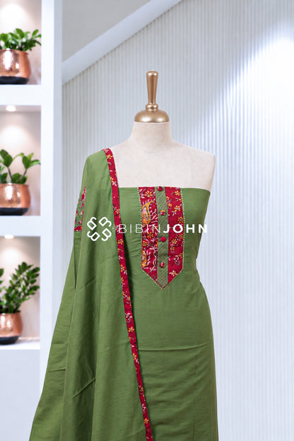 Chanderi Embroidery Unstitched Salwar Suit Material Olive Green BJ2010
