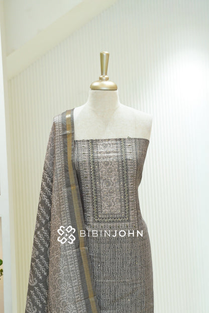 Printed Semi Silk Unstitched Salwar Suit Material Taupe Grey BJ2359