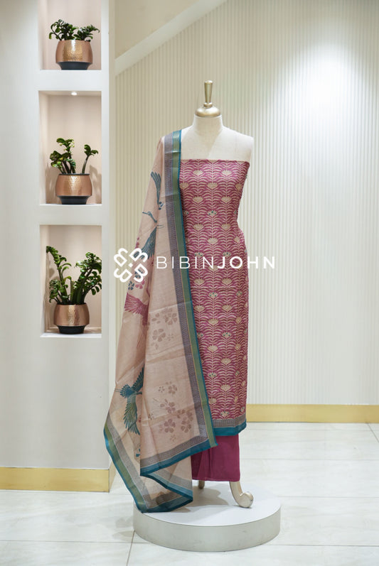 Semi Silk Embroidery Unstitched Salwar Suit Material Dusty Rose Pink BJ2173