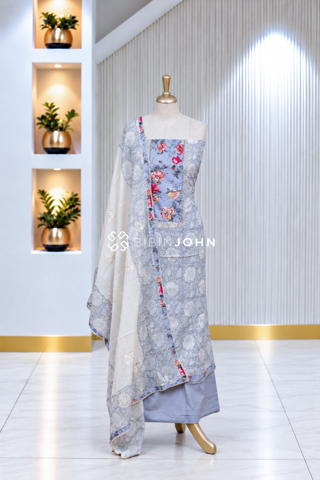 Cotton Embroidery Unstitched Salwar Suit Material Powder Blue BJ2042