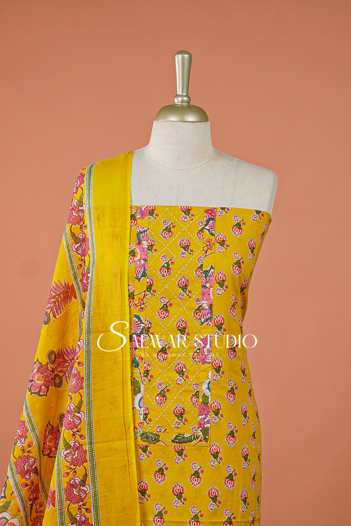 Printed Cotton Unstitched Salwar Suit Dress Material Yellow AC0165