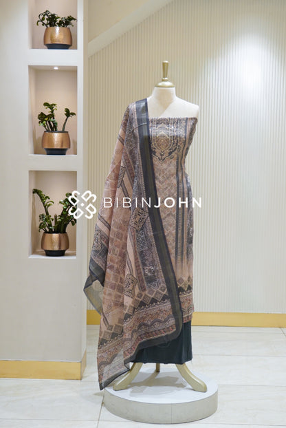 Tissue Linen Embroidery Unstitched Salwar Suit Material Dusty Mauve With Charcoal Grey BJ2477