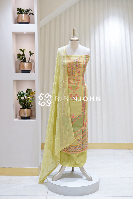 Organza Embroidery Unstitched Salwar Suit Material Pastel Lemon Yellow BJ1698