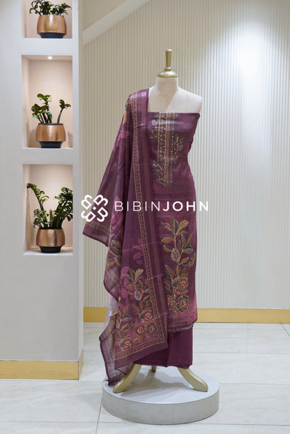 Art Tissue Linen Unstitched Salwar Suit Material Deep Plum Purple BJ2482