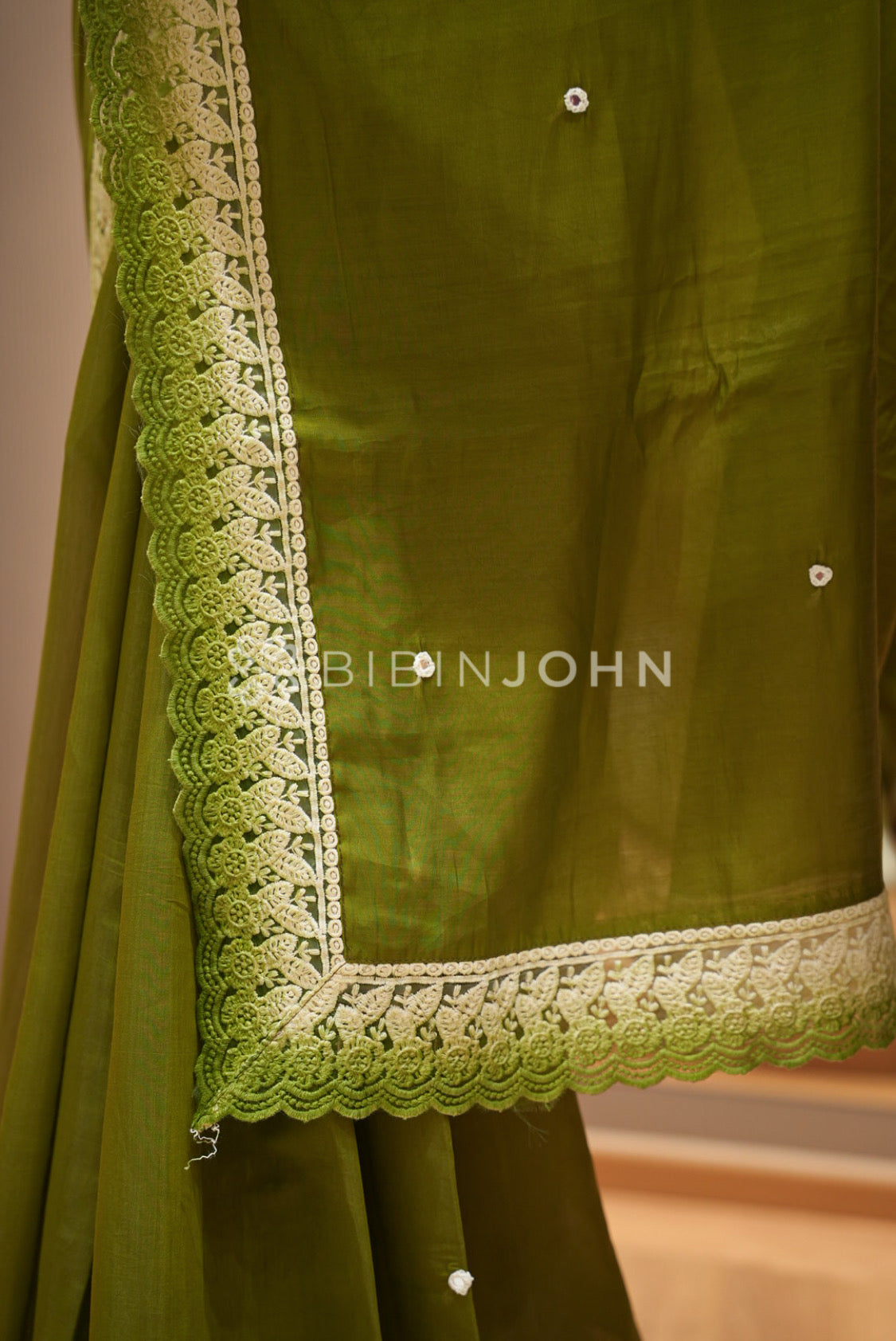 Chanderi Lace Border Saree For Women Olive Green BJ0840