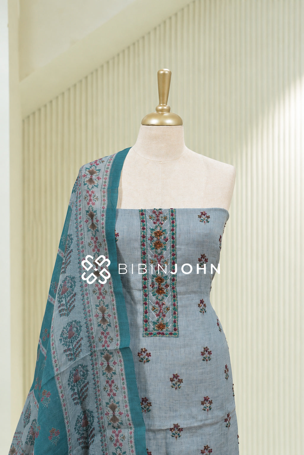 Art Linen Embroidery Unstitched Salwar Suit Material Dusty Blue BJ1912