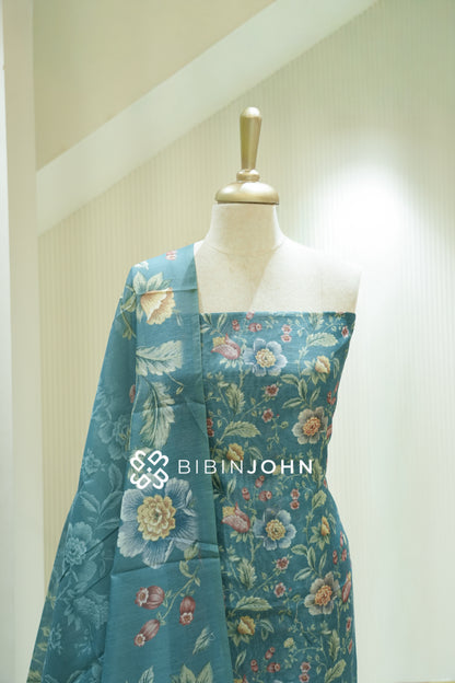 Chanderi Embroidery Unstitched Salwar Suit Material Teal Blue BJ2234