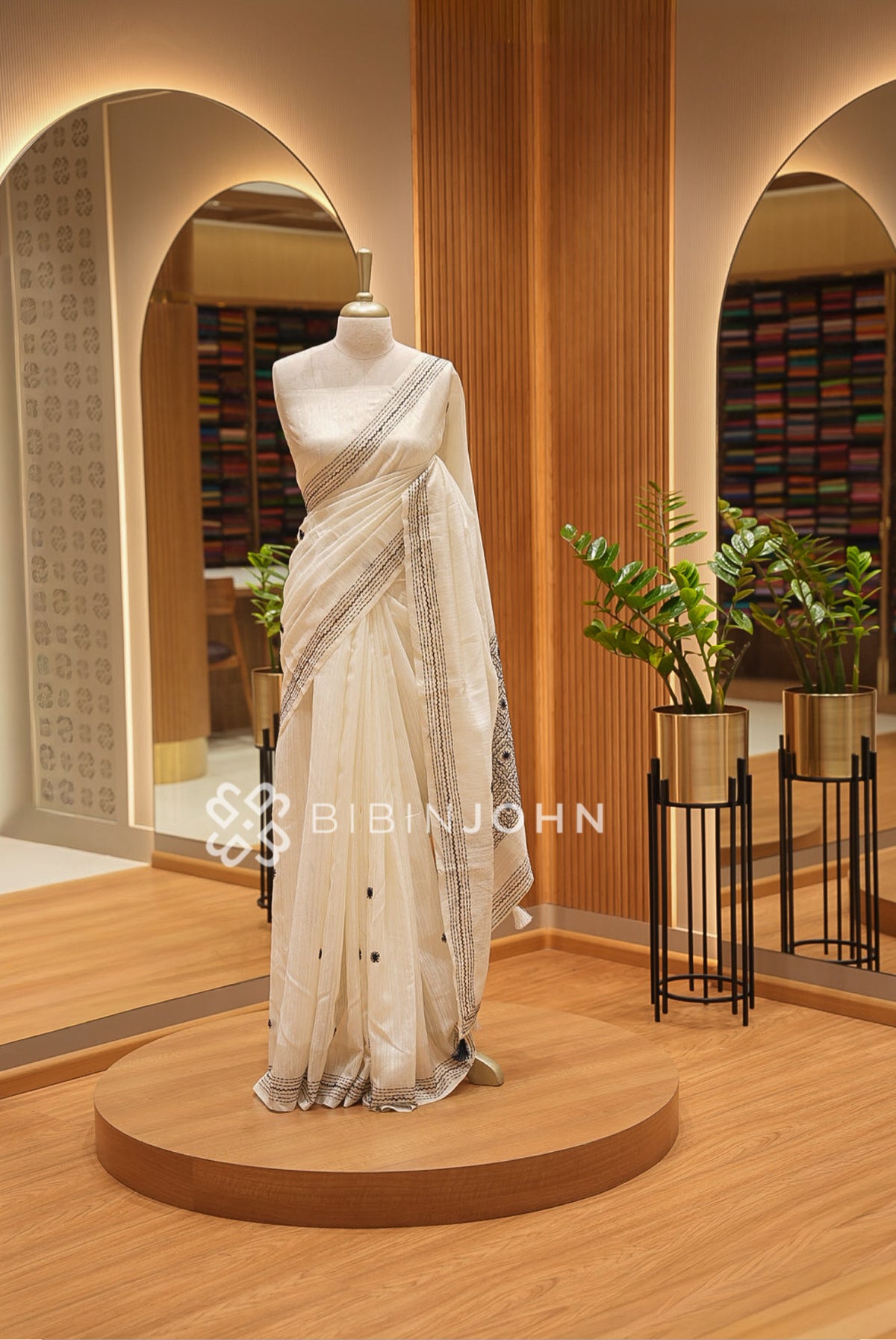 Silk Embroidery Saree For Women Ivory Cream With Black BJ1653