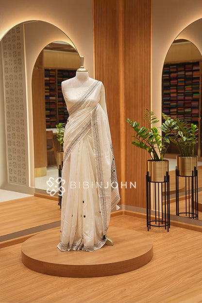 Silk Embroidery Saree For Women Ivory Cream With Black BJ1653