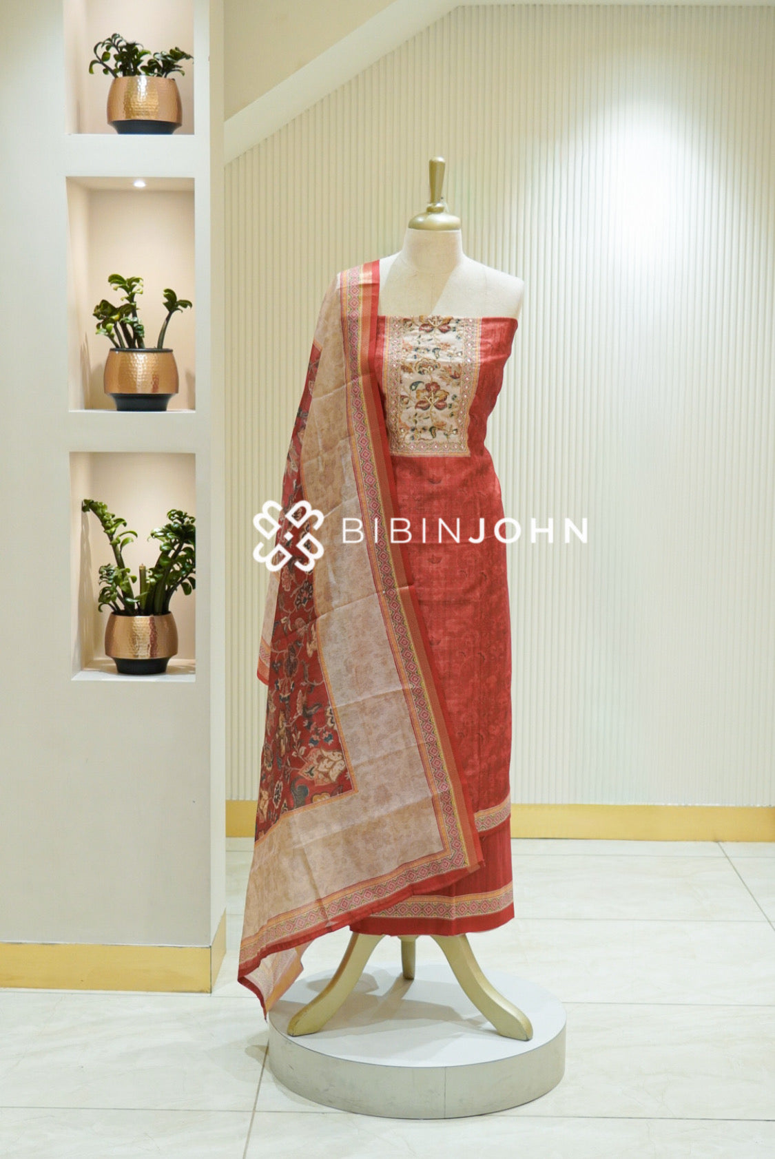 Semi Silk Embroidery Unstitched Salwar Suit Material Rust Red with Beige BJ2474