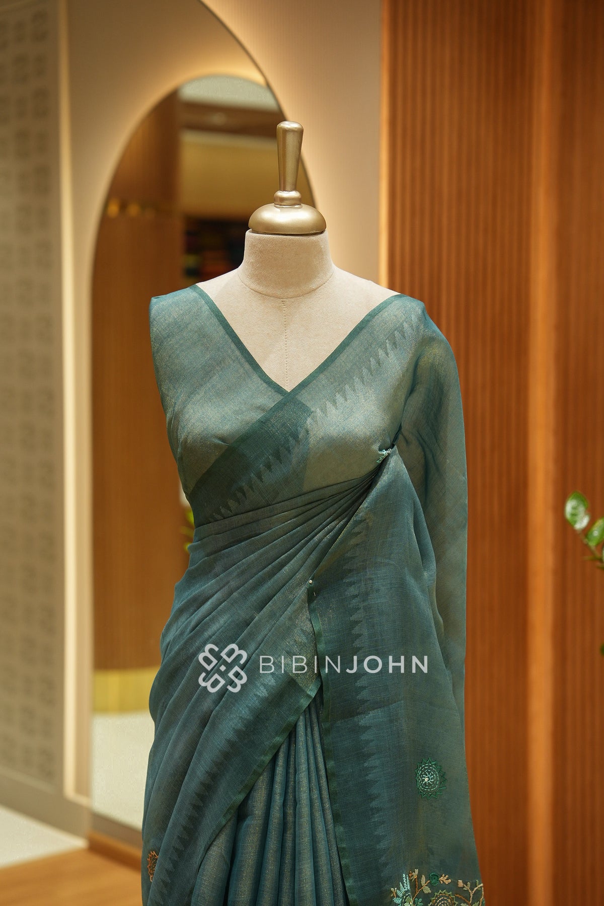 Tissue Linen Embroidery Saree For Women Muted Teal Green BJ2439